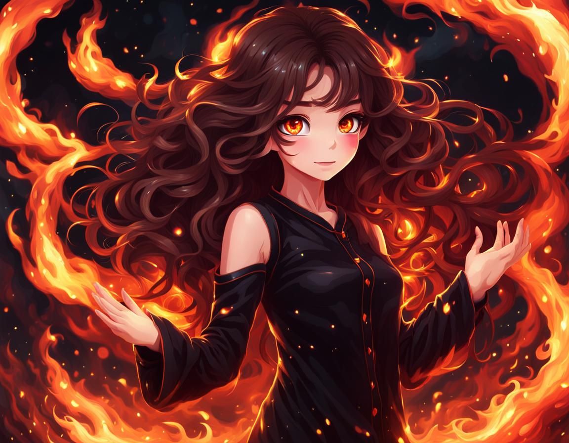 a sweet shy demon girl in hell with long curly brown hair and big ...