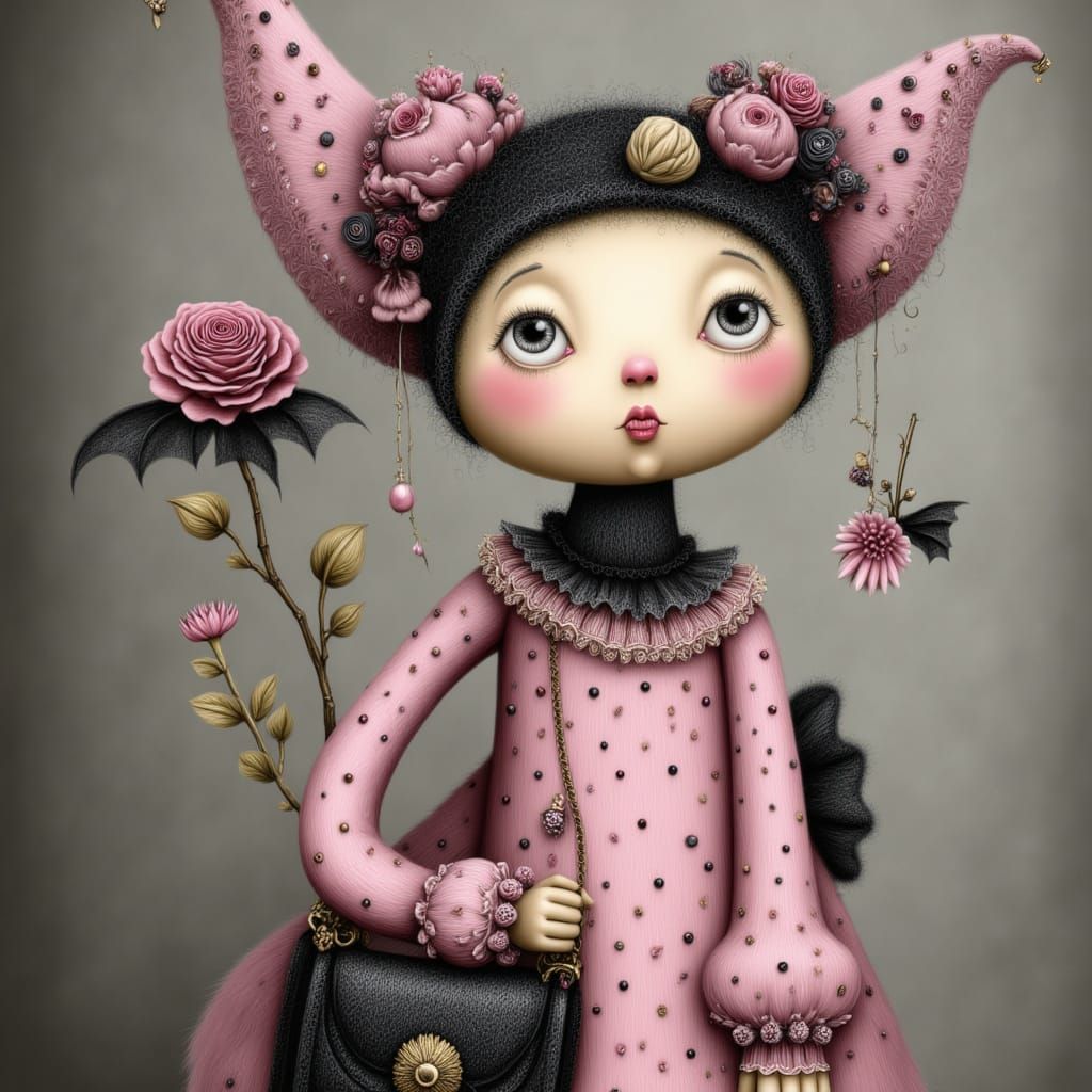 <lora:DIGI-DOLLYING AROUND:1.0>pink and white polka dot ghost girl with a black coquette bow on her head and holding a black bat purse