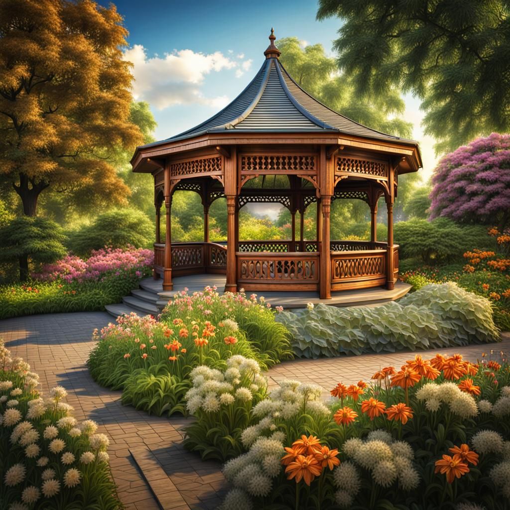 A wooden pavilion in a garden park with trees and flowers. intricate details, HDR, beautifully shot, hyperrealistic, sharp focus, 64 megapix...