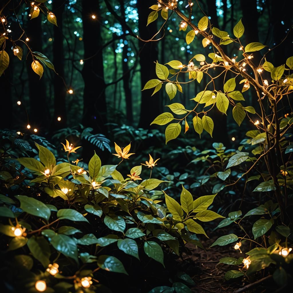 Magical Forest with Whimsical Leaves and Fairy Lights