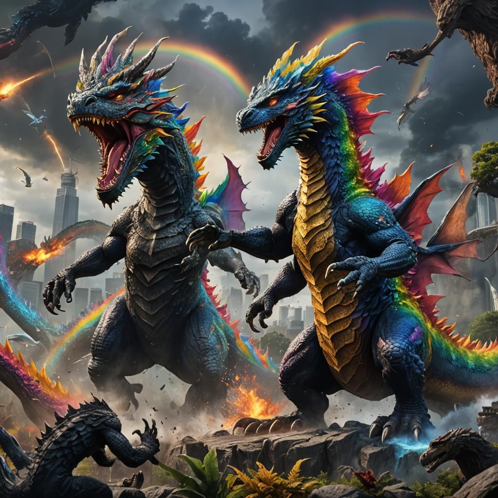 Rainbow dragon fighting Godzilla