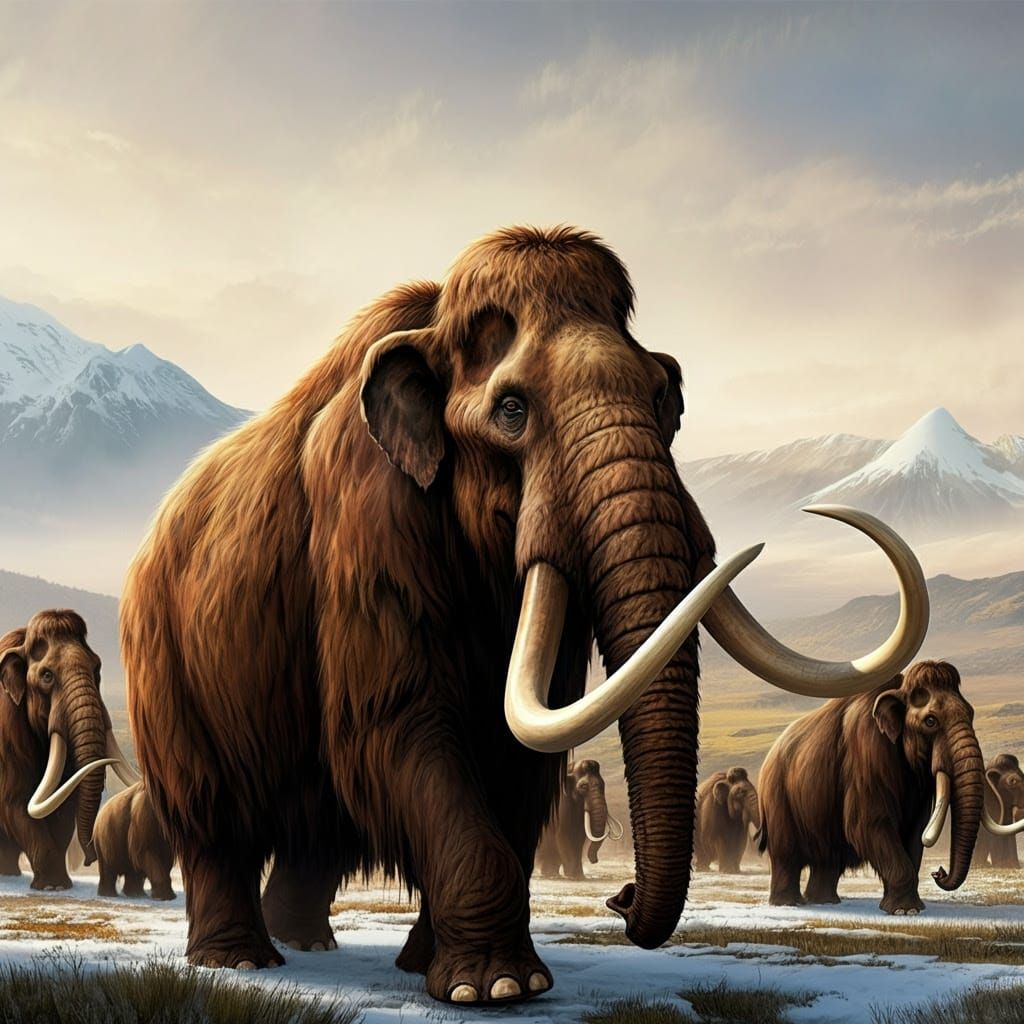 Majestic Woolly Mammoth Herd Under Warm Golden Light