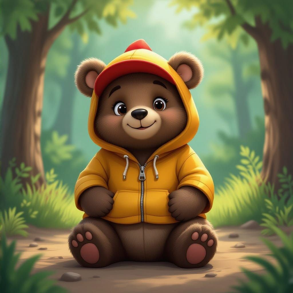 Digital 3D Animation of Small Brown Bear in Yellow Shirt and...