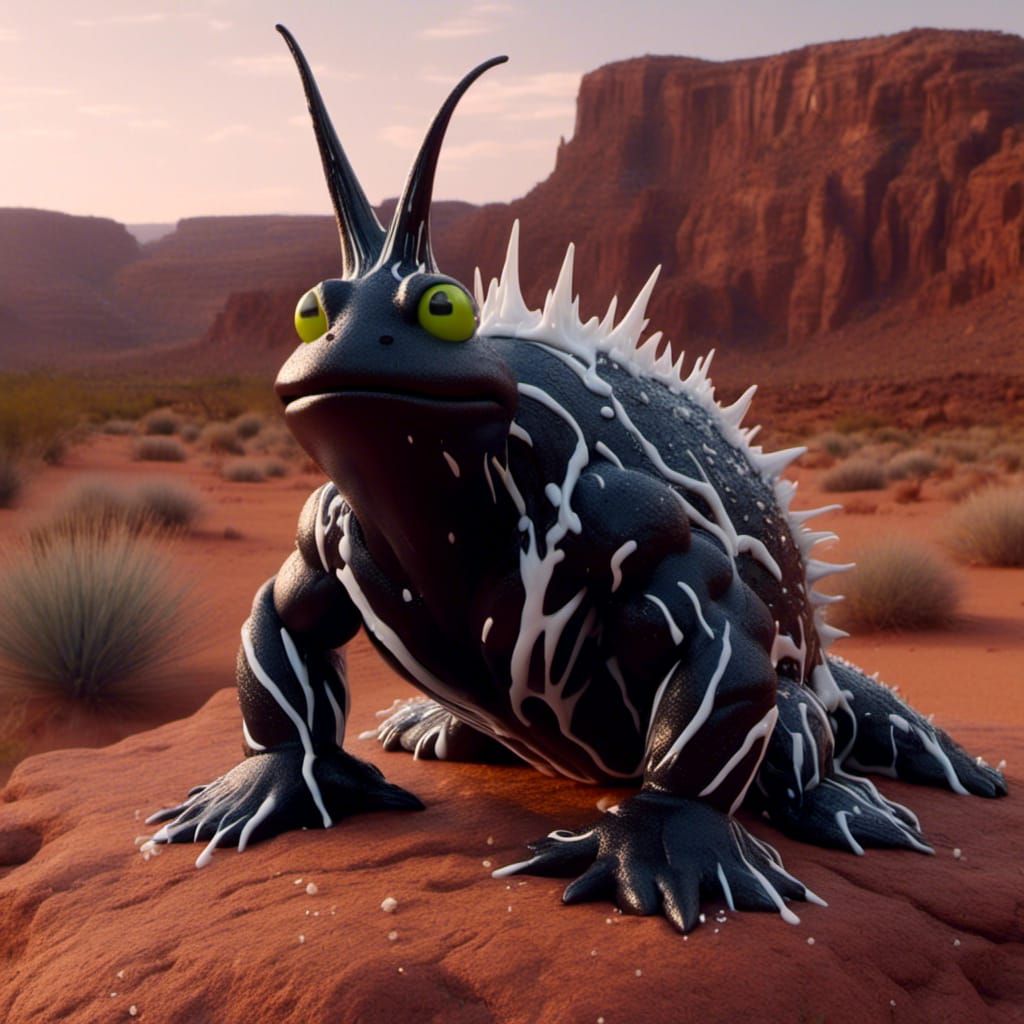 <lora:Symbiotic:1.0> a black creature with white slimy spiky stripes, on a rock in a dessert