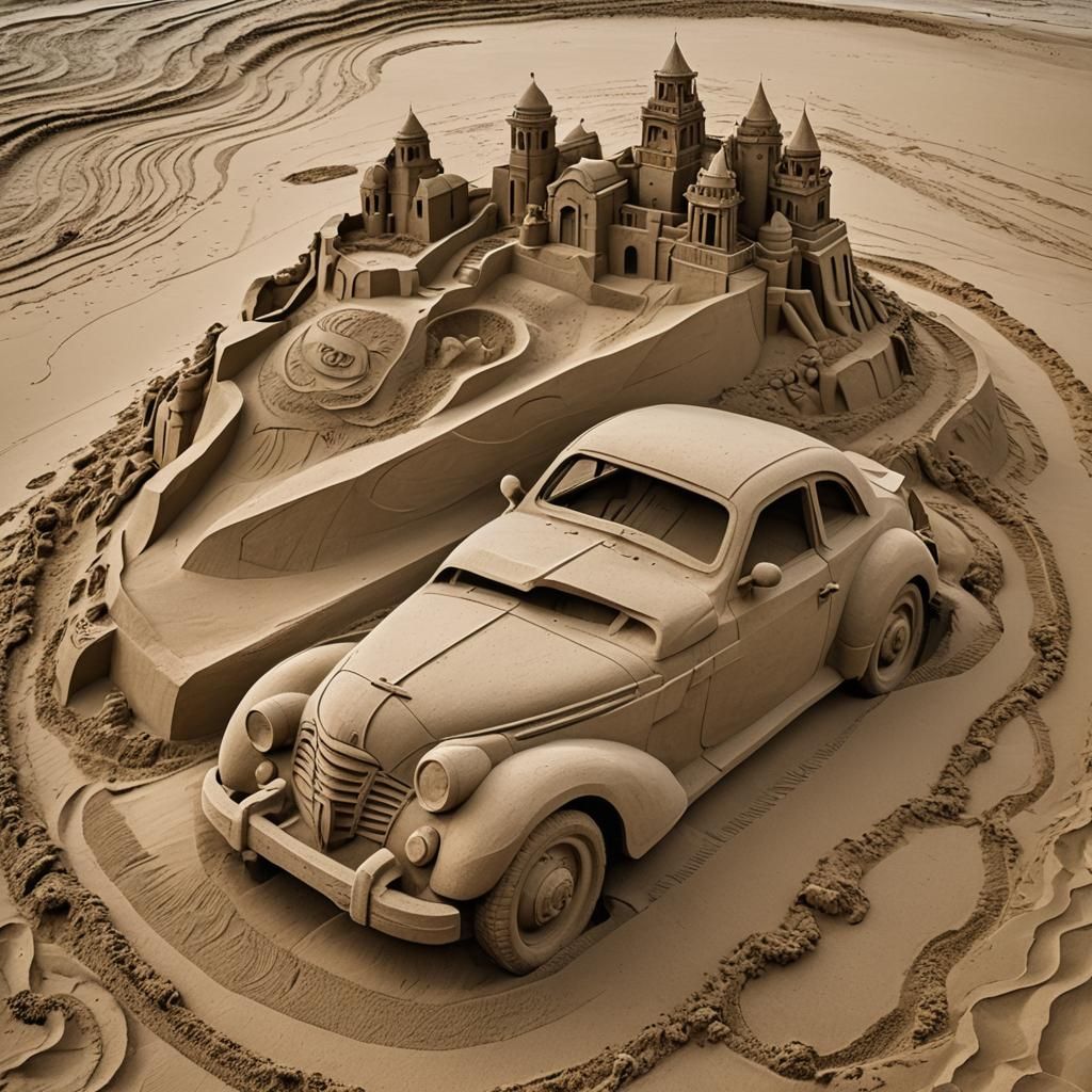 Sand Sculptures of Cars on a Beach