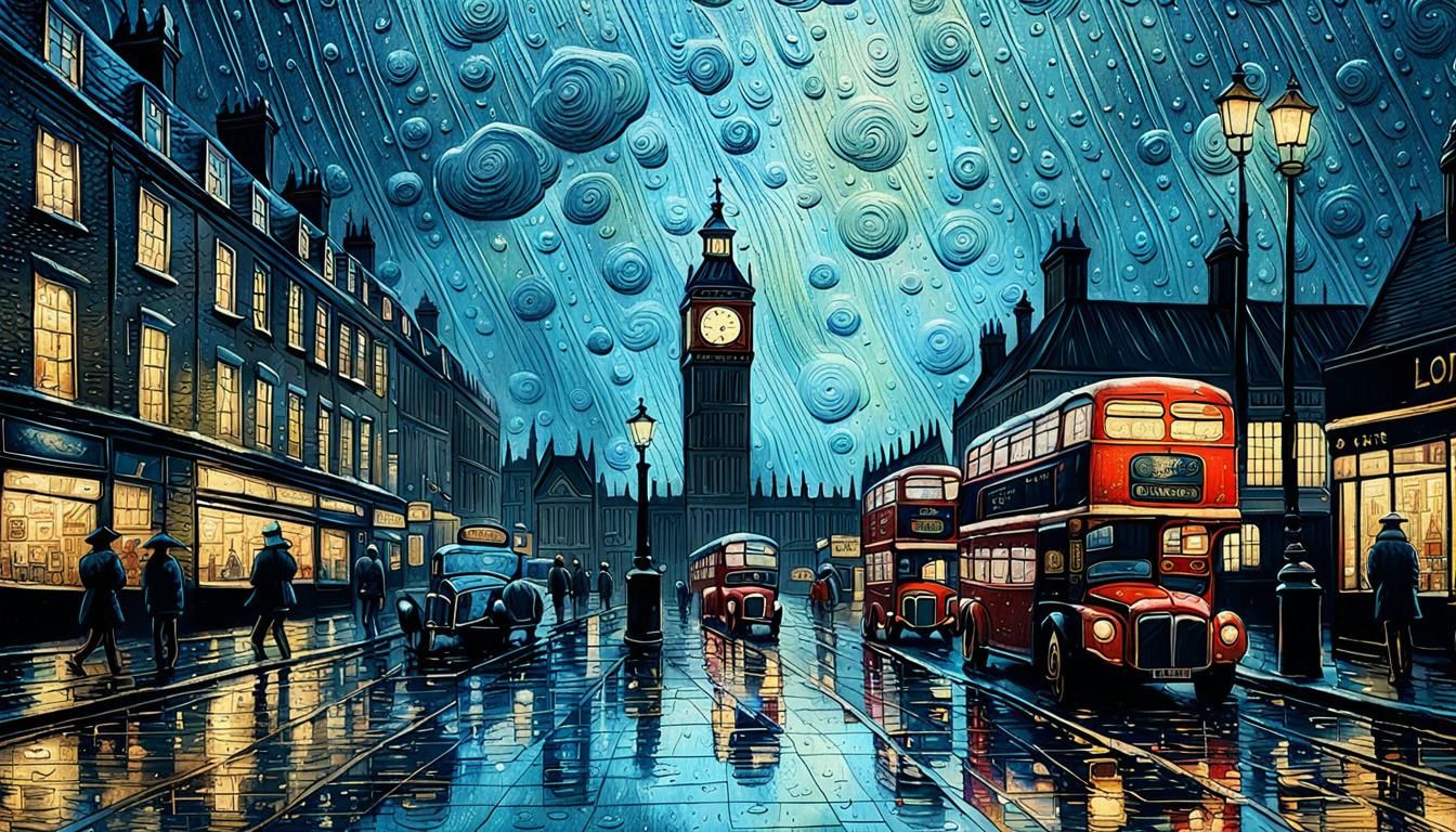 Detailed embossed vintage art of a rainy day in London City, on aged paper, embossed textured paint, ...  by @Summerchild