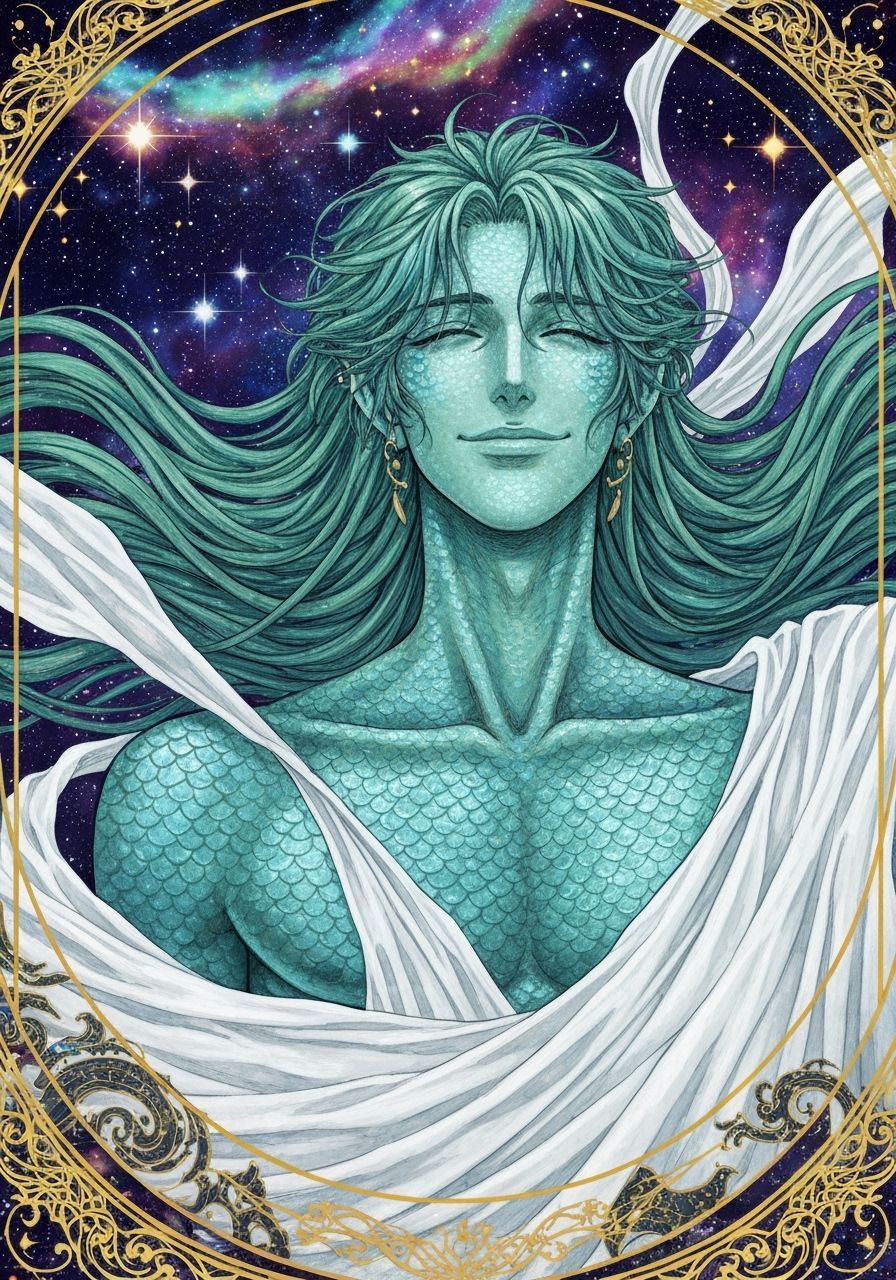 Cosmic manga portrait painting of a merman with blue-greenish scaled skin, a contented, warm-hearted facial expression and long hair whose s...