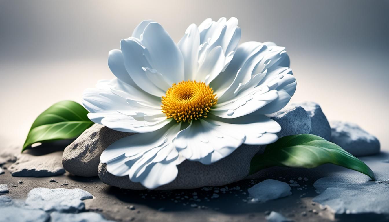 white flower growing on a stone in a vacant lot Hyperrealist...