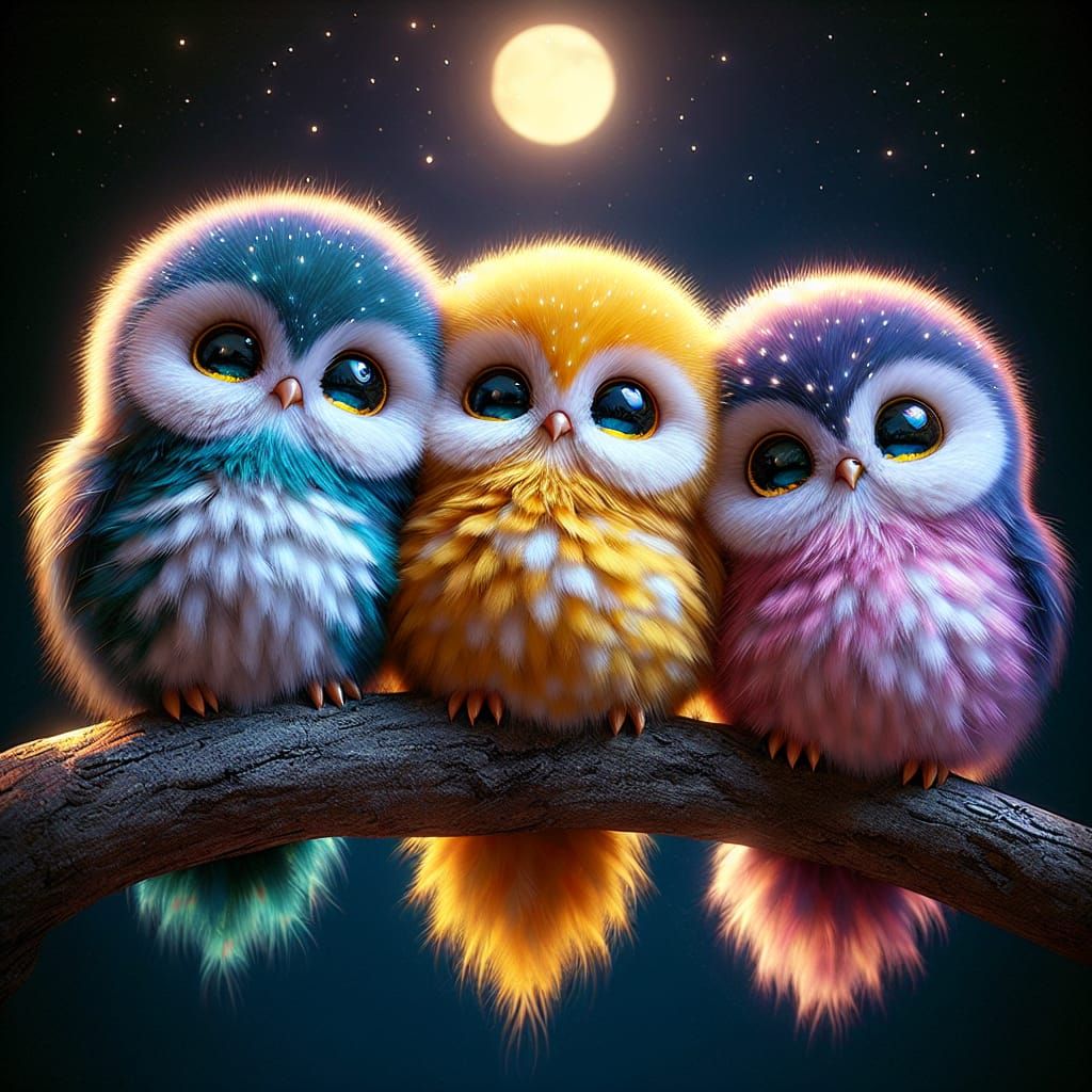 3 cute colorful fluffy owls sitting on a branch.  by @Dexi