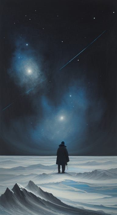 A solitary figure with an extra long paintbrush in hand, stands at the precipice of a paint-capped canvas, gazing into a swirling vortex of ...