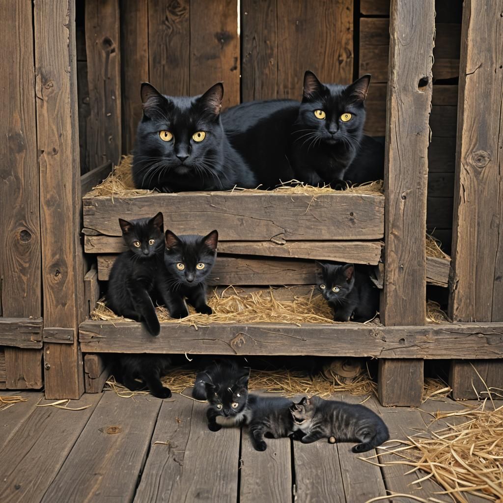 "Black cat and her kittens in a barn" ,hyperrealistic , high...