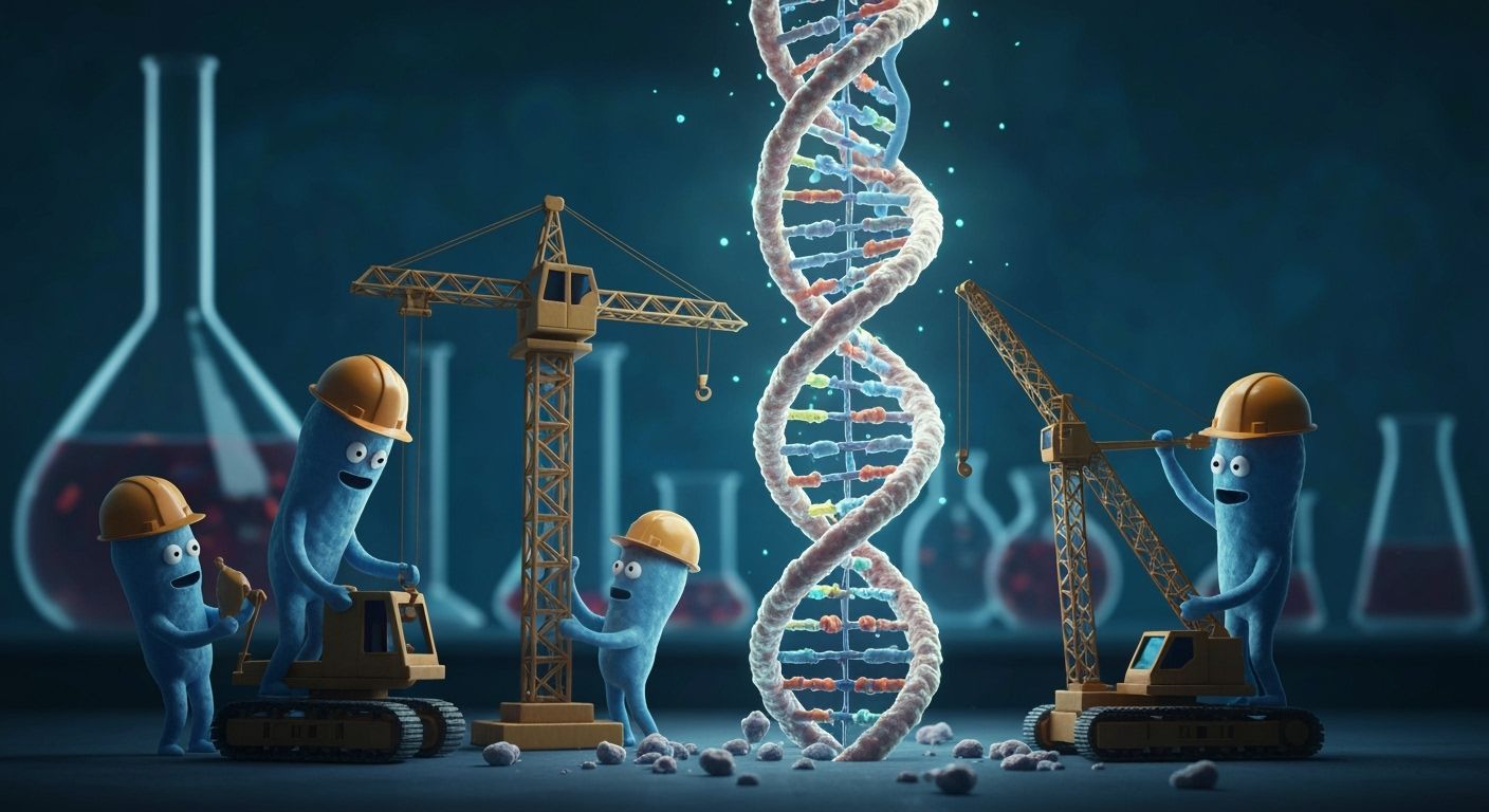 Microbe Construction Crew Building a DNA Helix

A team of goofy microbes operating miniature construction equipment crafted from broken prot...