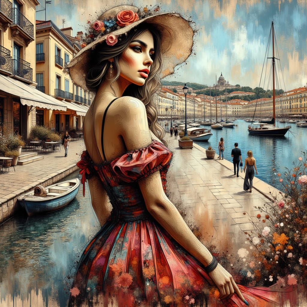 Gipsy girl in Marseille, in the summer - line art<lora:Beauty-Architecture:1.0>