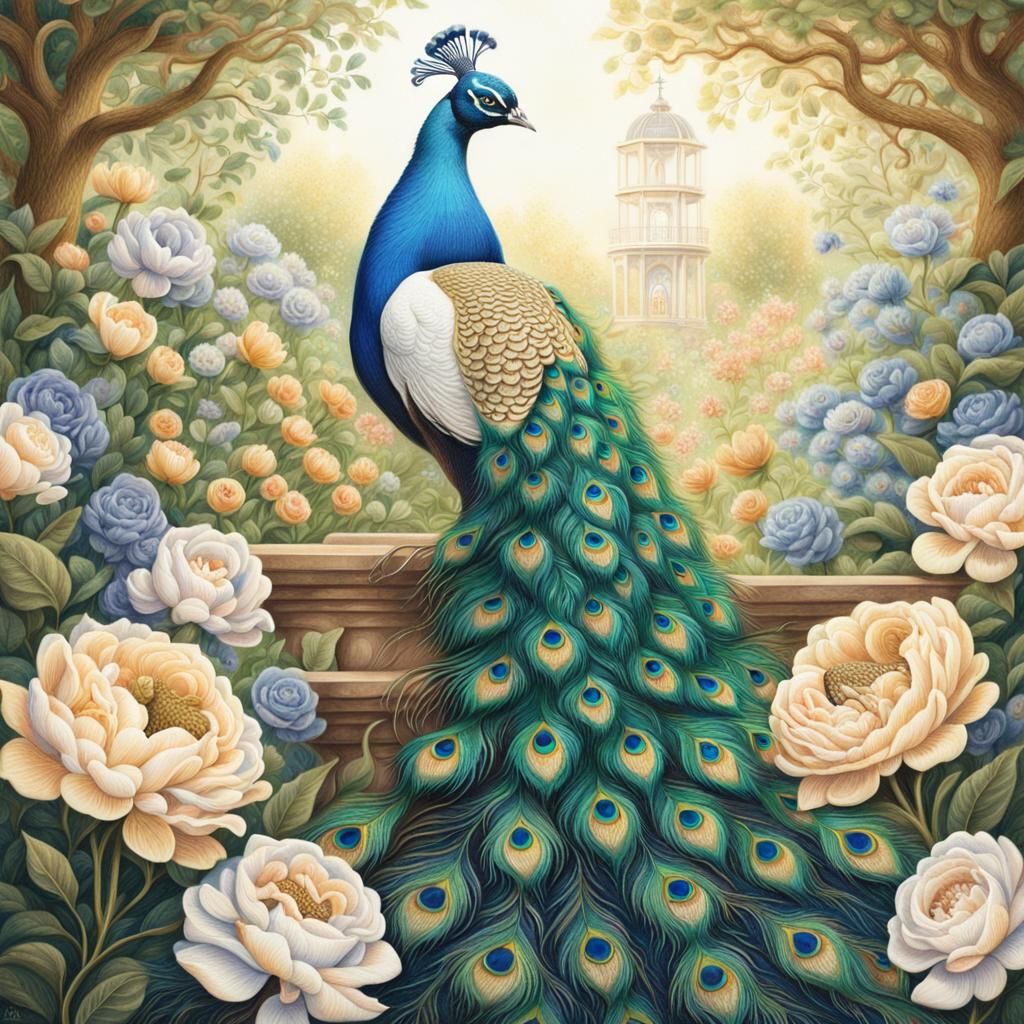 Majestic Peacock Portrait in Whimsical Garden