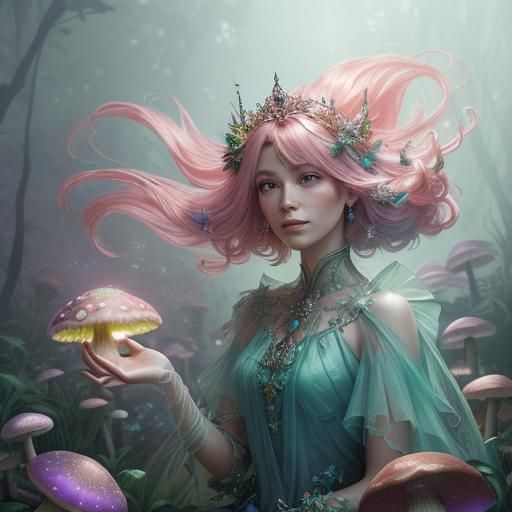 an ethereal fairy with pink hair with an intricate tiara wea...