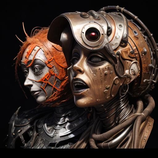 a close-up metallic mummy patched clay and wire sculpture wi...