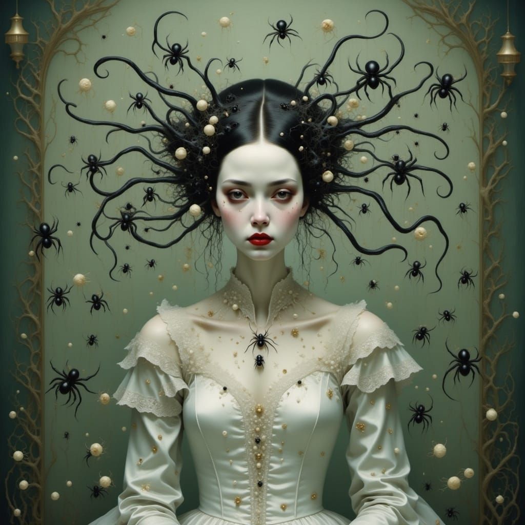 A girl with spiders surrounded by spiderwebs <lora:QueenieToo:1.0> 