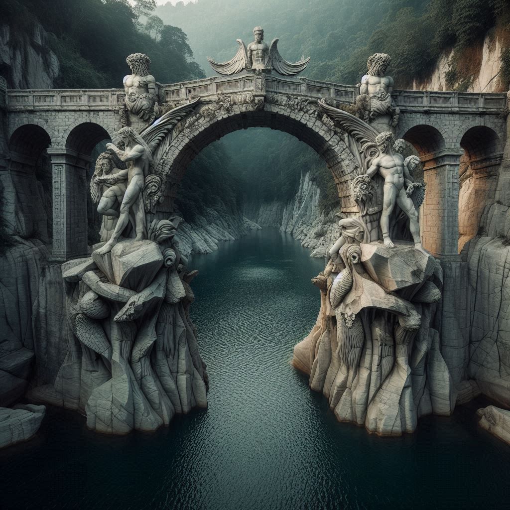 An ancient stone bridge over a deep river with supports in the shape of titans