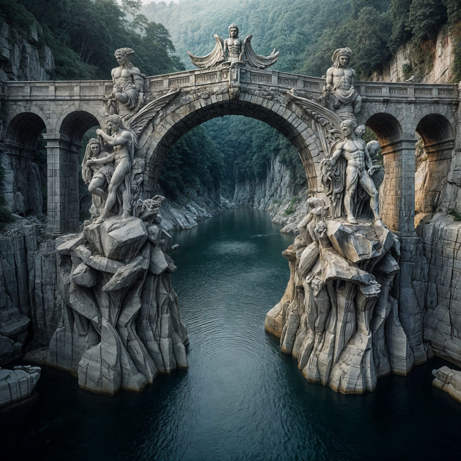 An ancient stone bridge over a deep river with supports in t...