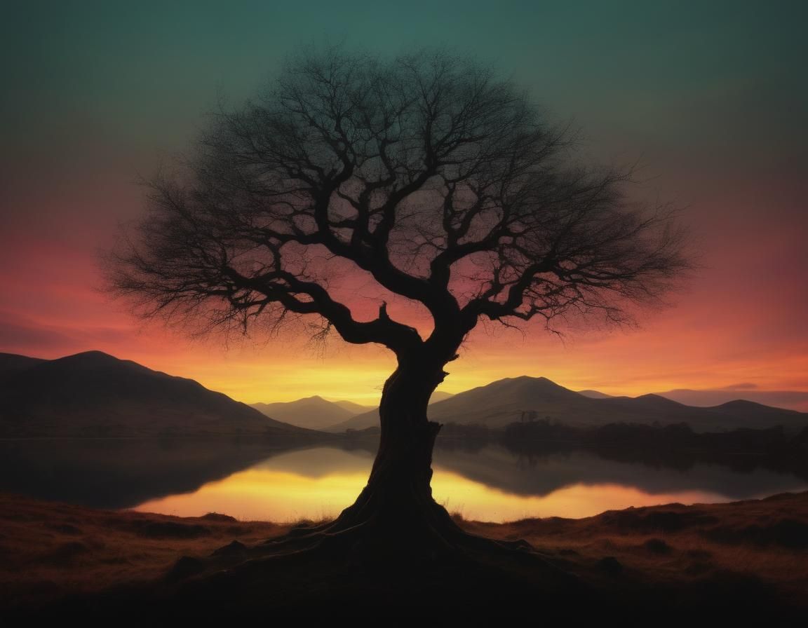 Silhouette of a lone gnarly tree in colorful sunset.  by @Joris