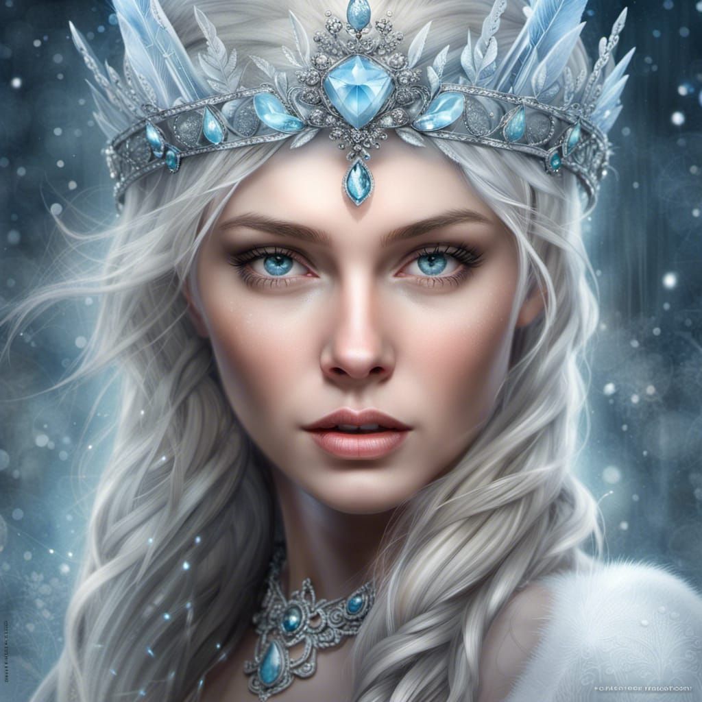 Photorealistic portrait of a stunning ice maiden with a tiara made of pale blue eyes. Her wintry gaze ...  by @Nolan Void