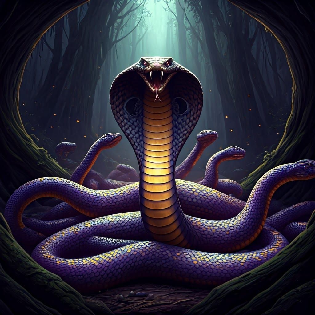 Regal Cobra Confronts Snakes in Mystical Forest