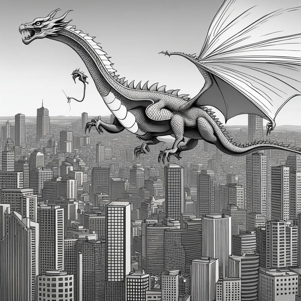 Dragon Rider Soaring Over City with Flight Trail