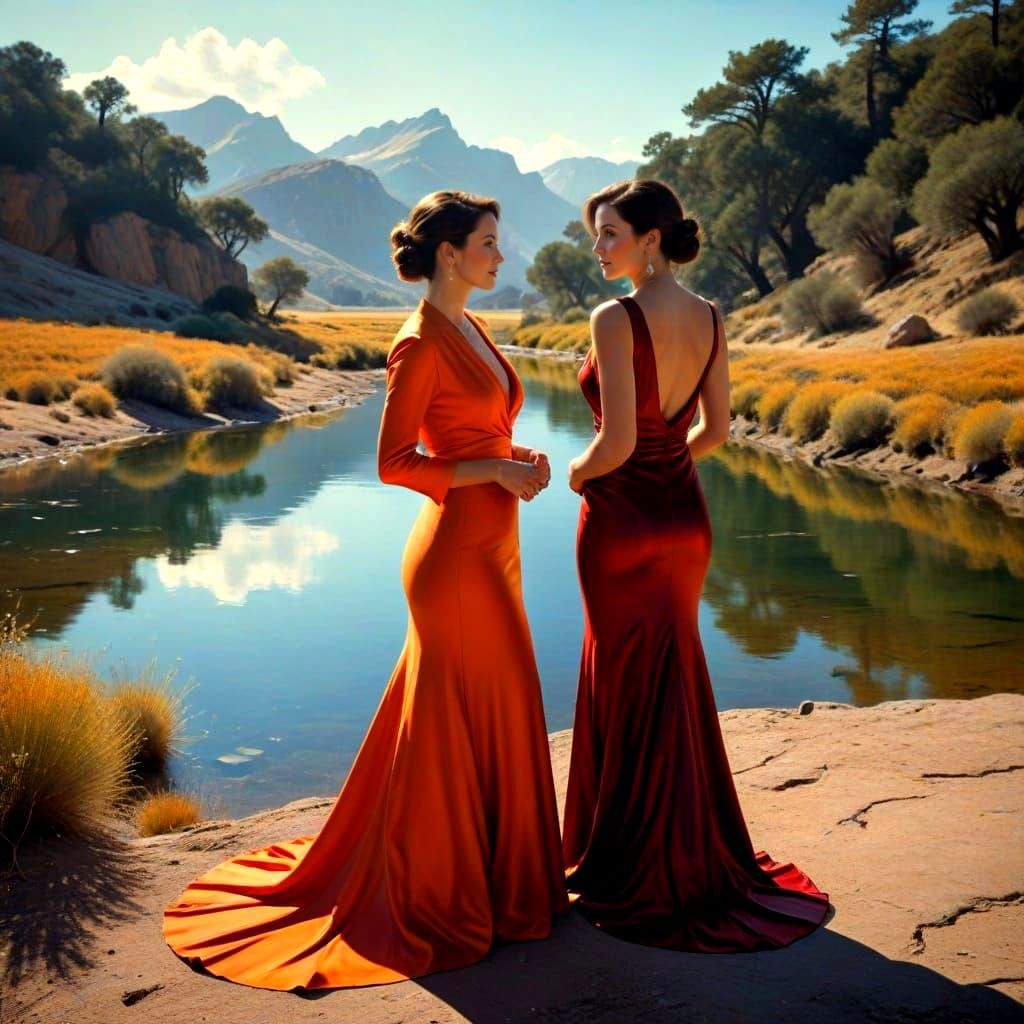 Elegant Women in Vibrant Surreal Landscape