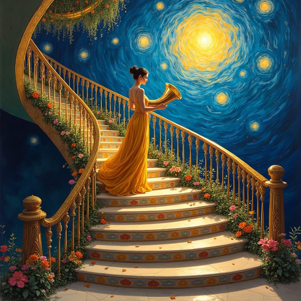 Surreal Staircase Scene in Vibrant Dreamlike Style with Gold...