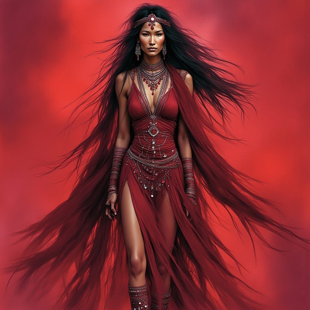 A native woman wearing a dress of liquid Winza Rubies and shoes carved out of rubies. <lora:Archetypal Images:1.0> <lora:Winza Rubies:1.0> E...