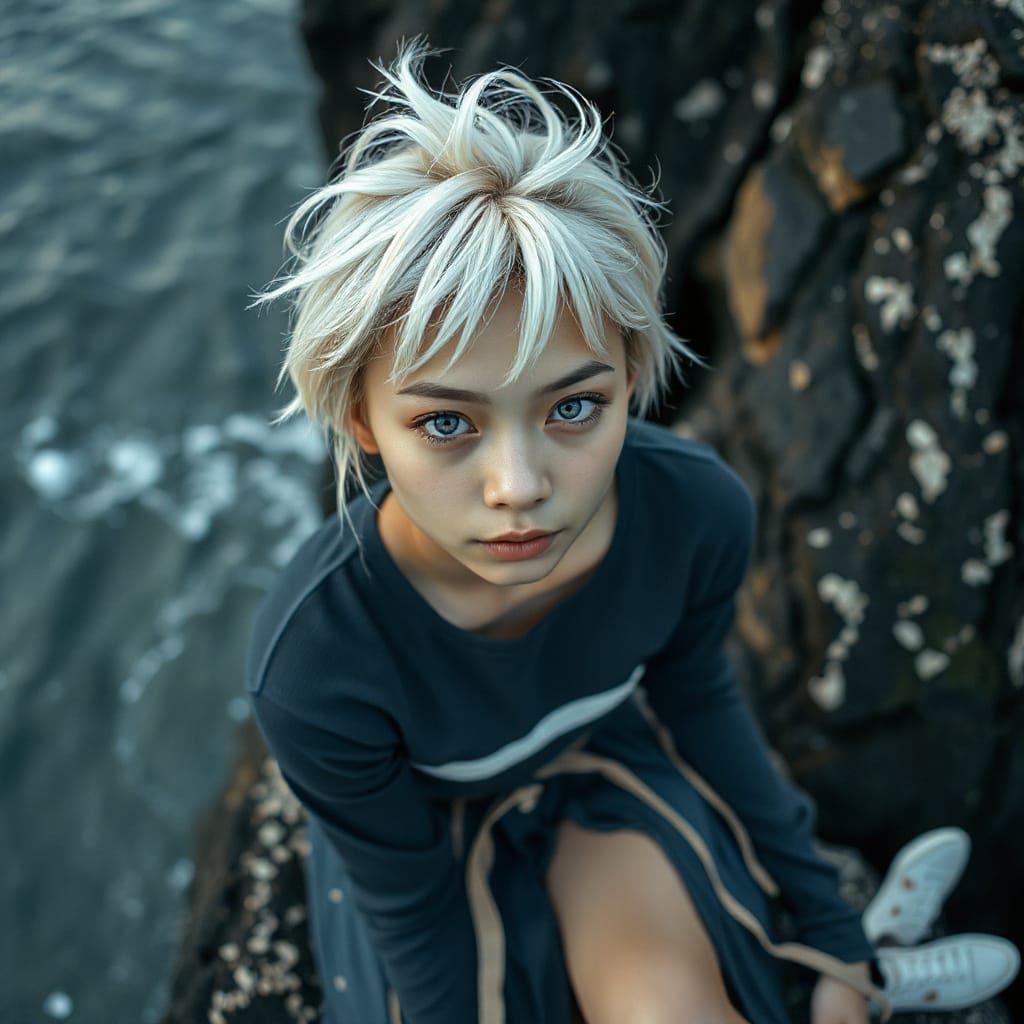 Hyperrealistic Albino Woman on Cliffs Overlooking Sea