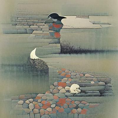 'Silence' (沈黙, Chinmoku), a 1973 colour woodblock print; dim...