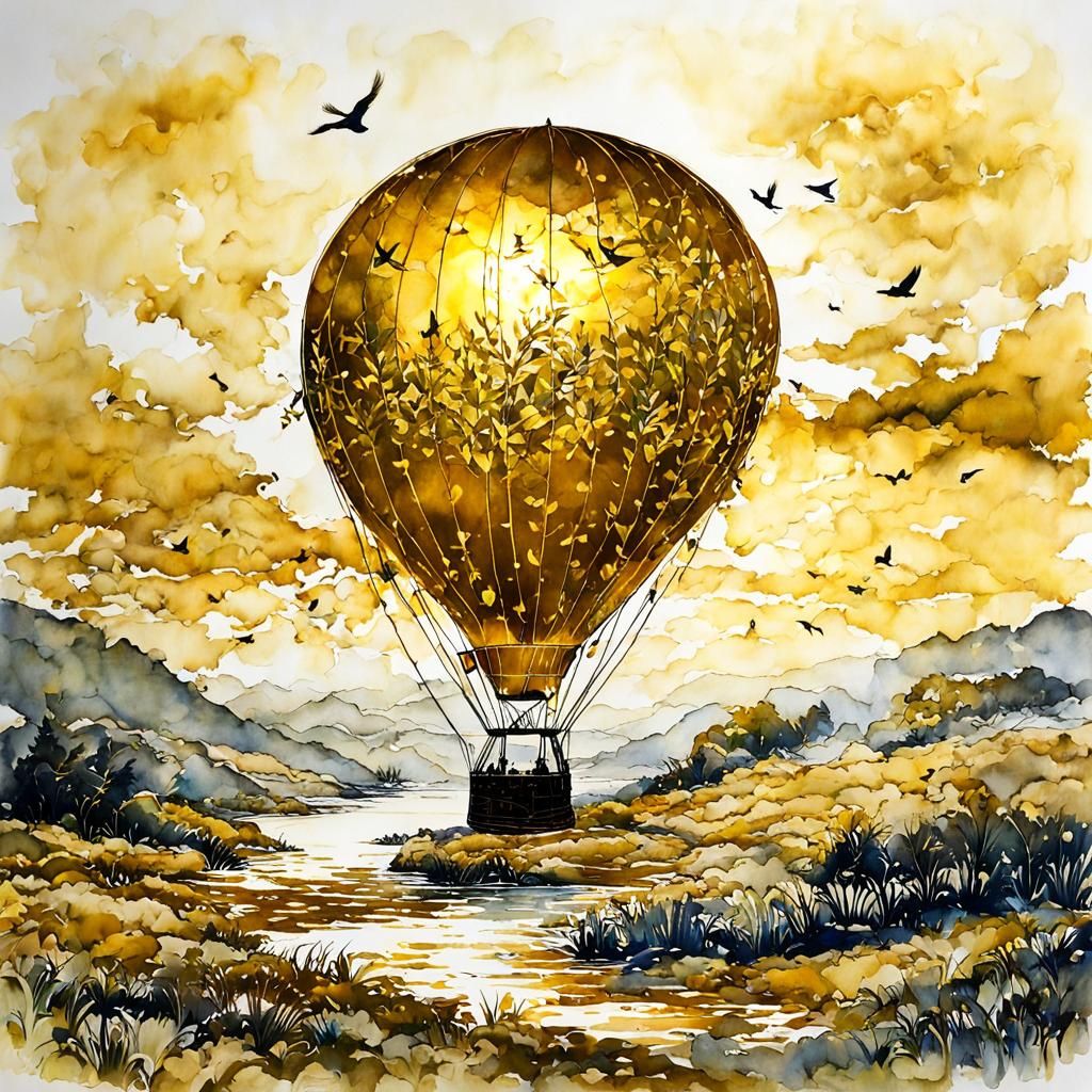 One Hot air balloon,  springtime, birds ,  gold ink drawing....