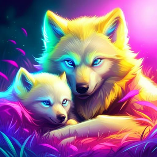neon baby wolf with family, cute, adorable, double color fur...