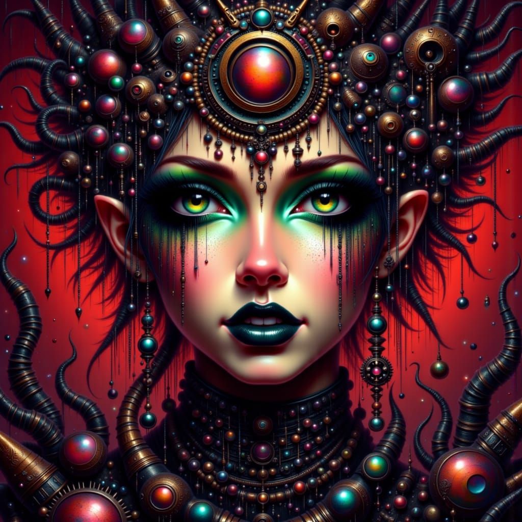 A brooding yakuza with sharp jawline, piercing bi-color eyes, one deep brown and the other icy blue, wears a tailored black suit, crisp whit...