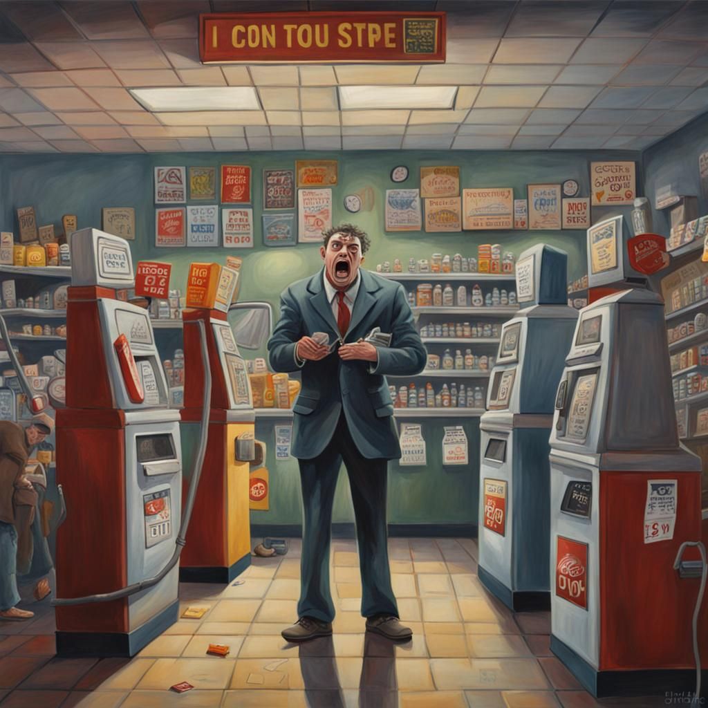 A surreal painting of An angry clerk inside a gas station dealing with ...