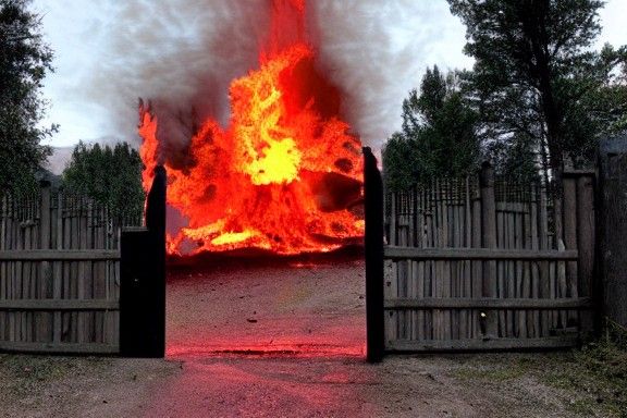 A burning park entrance