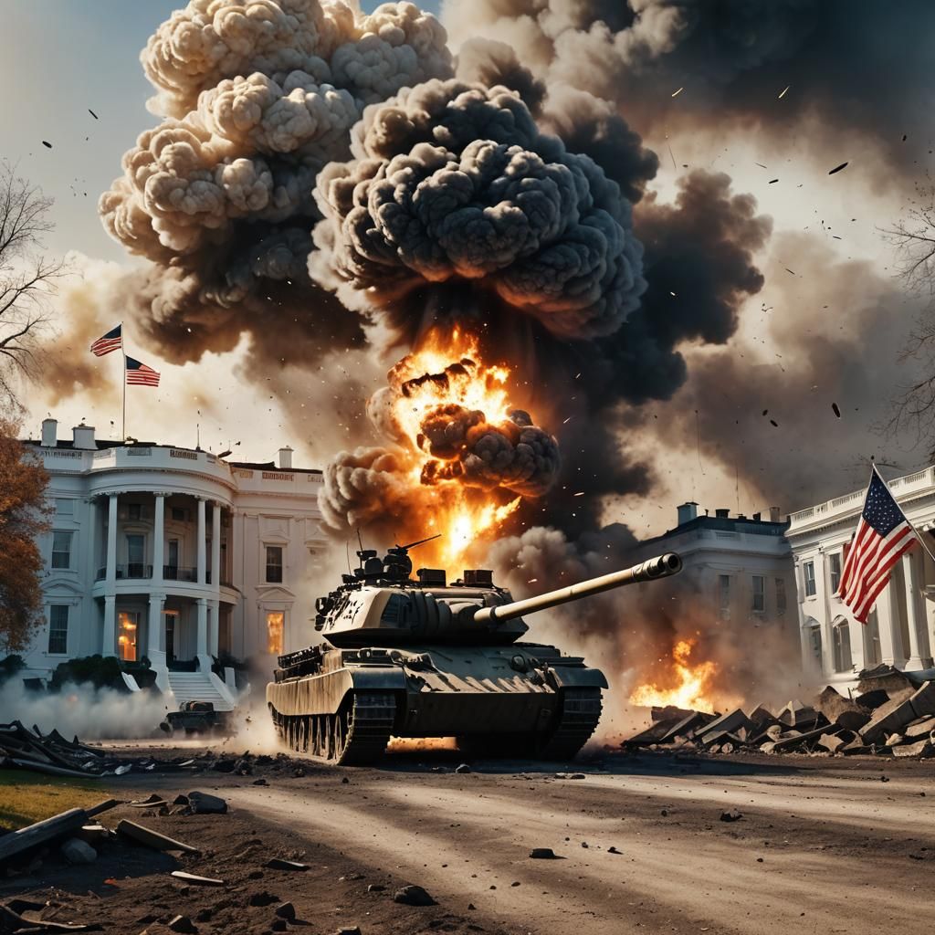 Russian Tank Bombards White House: Digital Art