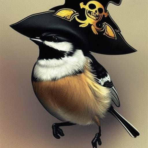 A 17th century oil portrait of a chickadee bird wearing a pi...