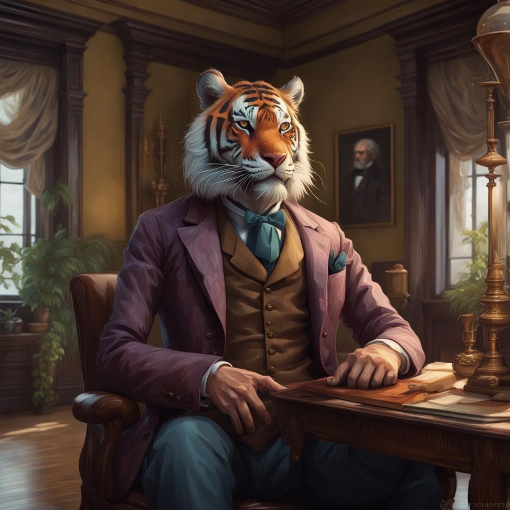 Tiger Professor Portrait in 1880s Home, Artstation Style