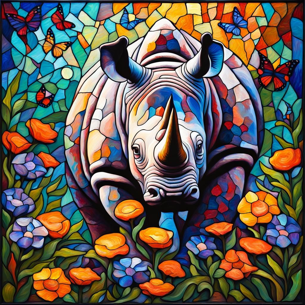 Rhinoceros stained glass window with flowers and butterflies - AI ...