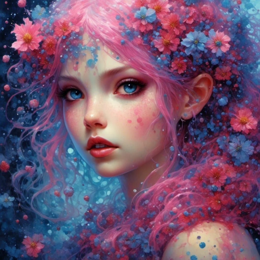 Chubby Goblin Girl in Pink Dress, Alcohol Ink Style