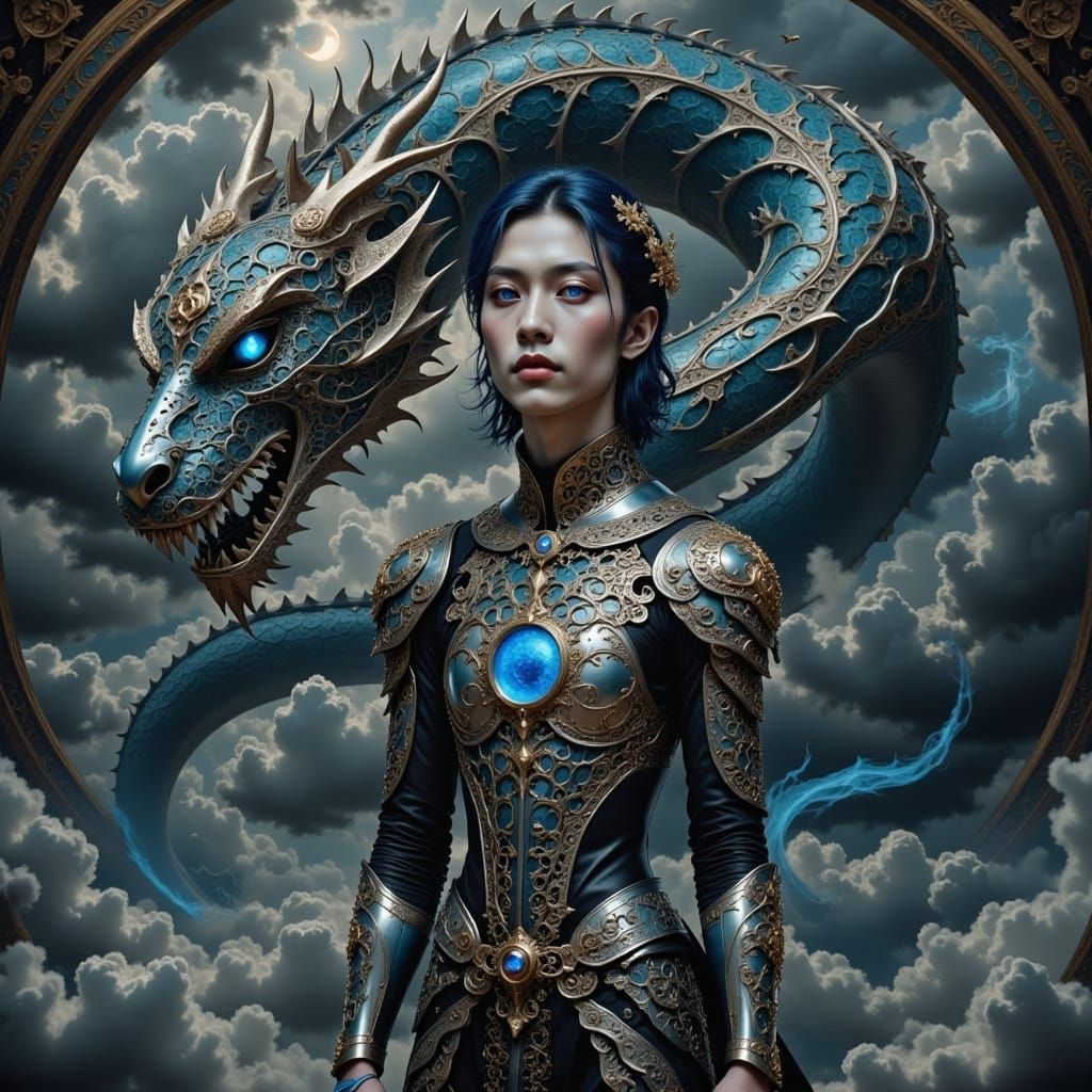 machine cyborg android young princess with asian dragon by Luis Royo and Junji Ito and Kentaro Miura and Beksinski and Giger <lora:Dark Cele...