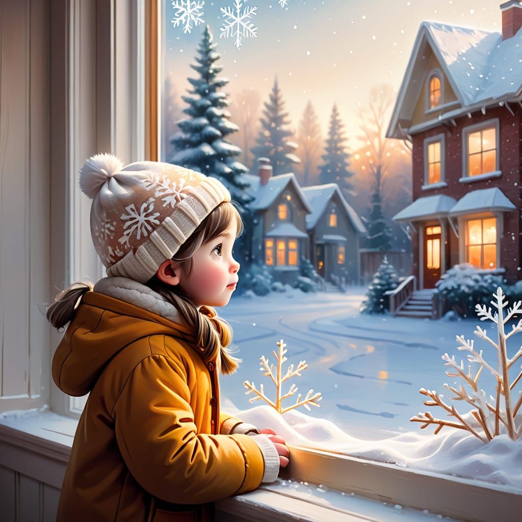 a child looking out a window, at the snow falling over the yard  by @niles cc lover