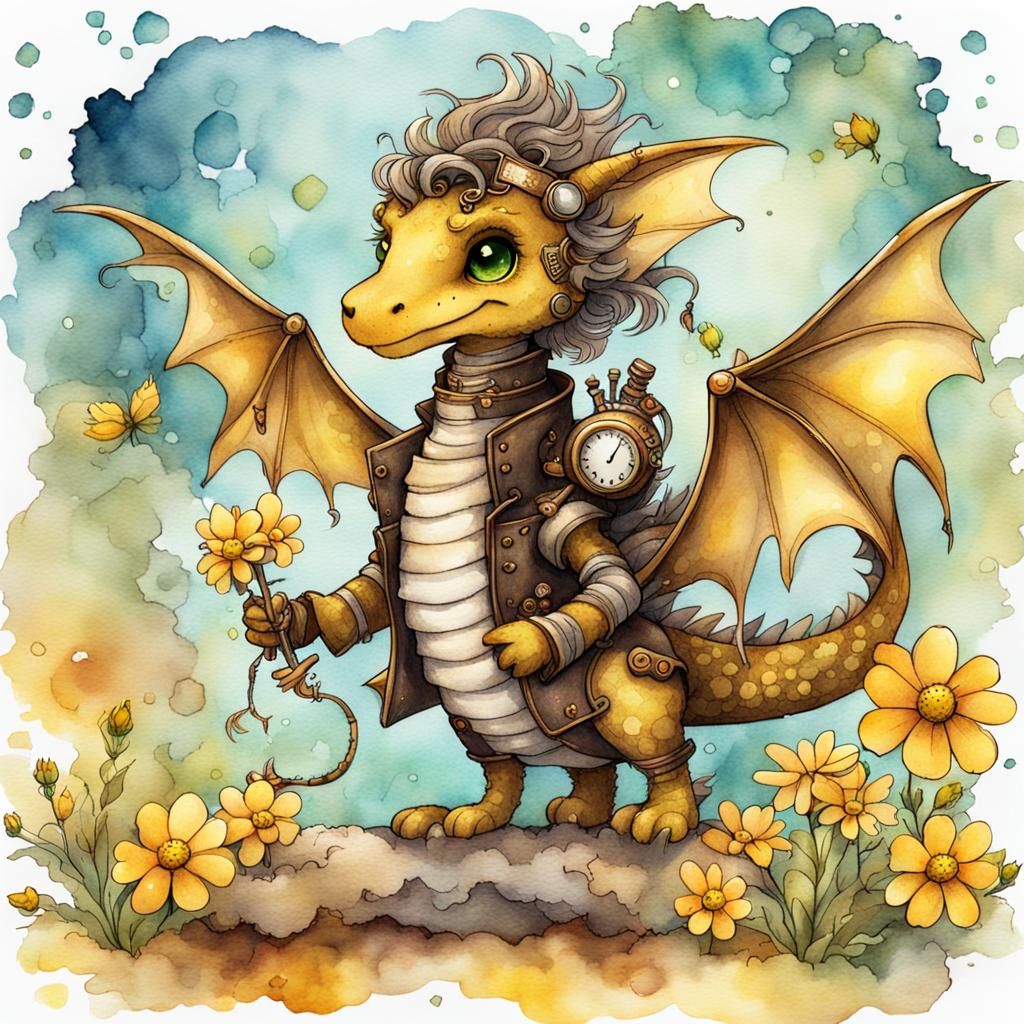 Happy cute little steampunk dragon