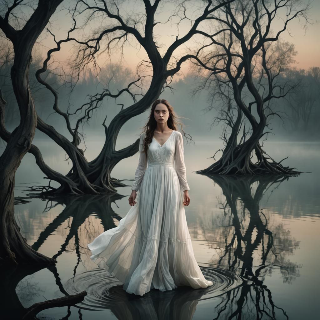 Eerie Surrealism: Woman at the Lake in Moonlight