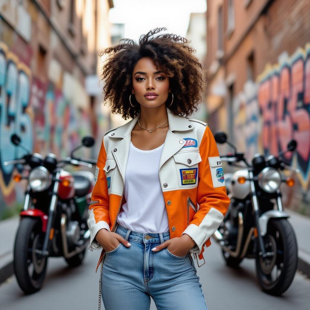 Confident Woman in Alley with Motorcycles, Cinematic Style