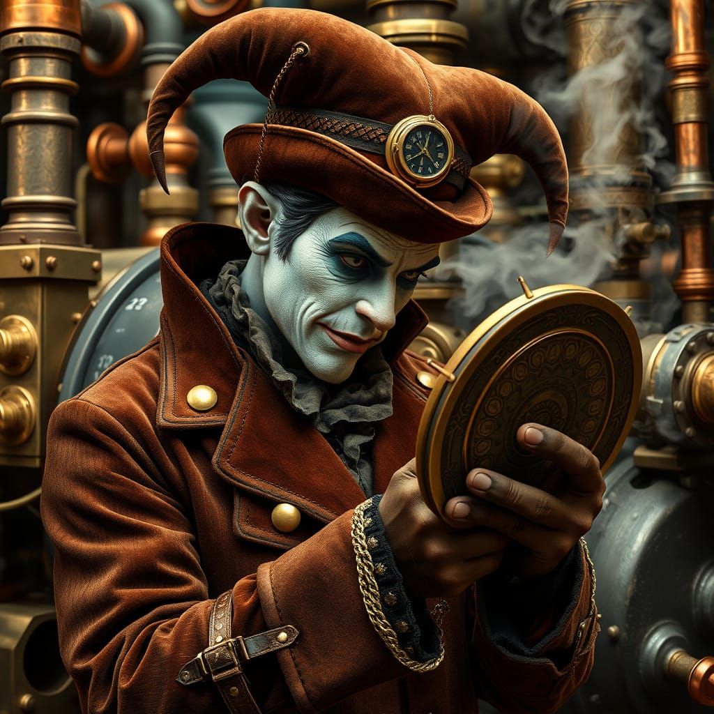 A steampunk jester looking into a handheld mirror. Steampunk engine, photorealistic.  by @Antonius Eisenklang