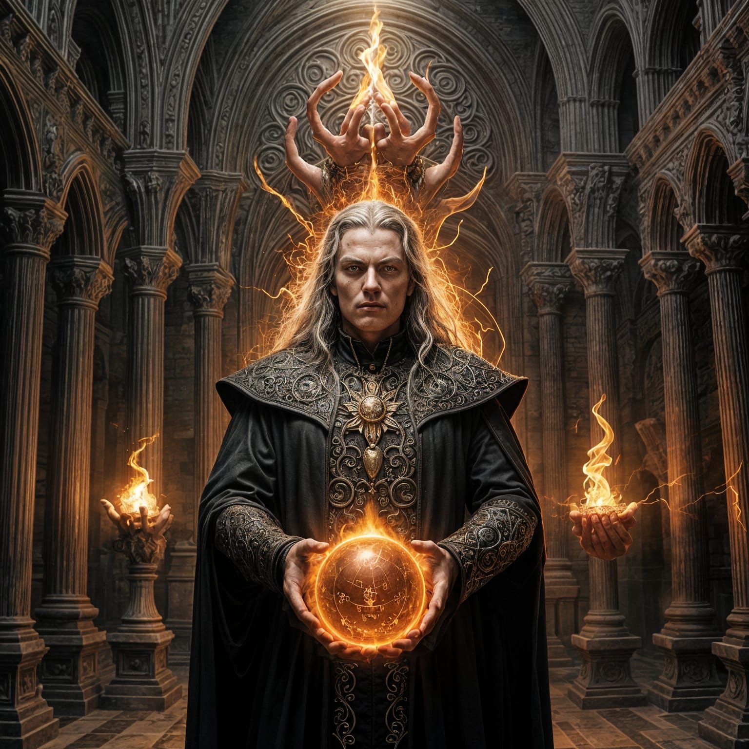 A mesmerizing realistic gothic wizard holding a ball of fire in both hands, realism,gothic style background 