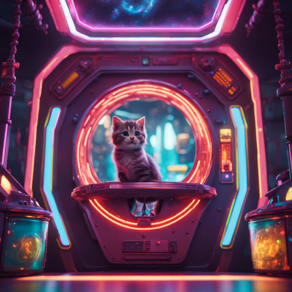 Small Kitty in a space ship with a arcade room and neon colo...